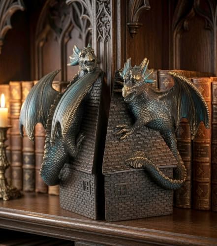 Bellaa Dragon Bookends Set of 2 - Heavy Duty Decorative Book Ends for Shelves, Medieval Gothic Castle Guardian, Non-Skid Resin 7.5" Vintage Bronze 28670 - Image 5