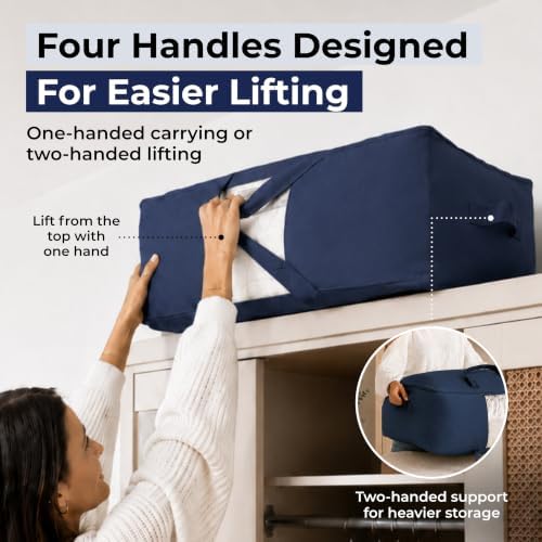 Soft Canvas Storage Bags with Zipper. Thick Breathable, 2pc King/Queen Comforter Organizer. Four Carrying Handles and Window. Large 25x19x9in Bag for Sheets Blankets Bedding Pillows, Clothes (Blue) - Image 4