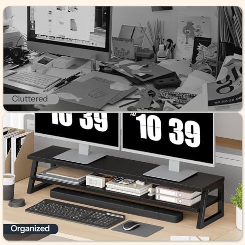 HOOBRO 2-Tier Dual Monitor Stand Riser, 39 Inch Large Computer Monitor Stand for 2 Monitors, Computer Monitor Riser, Desk Shelf Organizer for Office Desk, Accessories, Black BB122CJ01 - Image 7