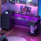 Korfile 55 Inch Gaming Desk with Power Outlets and LED Lights, Reversible Computer Desk with 5 Fabric Storage Drawers, Home Office Desk with Monitor Stand for Working Writing Study, Carbon Fiber Black - Image 3