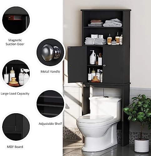 Over The Toilet Storage Cabinet for Bathroom, Storage Organizer Over Toilet, Space Saver W/Adjustable Shelf & Open Shelves, 75in, Black - Image 6