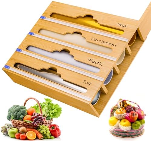 Bamboo Aluminum Foil Organizer & Plastic Wrap Dispenser with Cutter for 11" Rolls - 4 in 1 Parchment, Wax Paper & Saran Wrap Holder - Tin Foil Wrap Organizer for Kitchen Drawer, Countertop & Pantry by Unknown