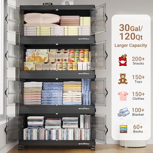 BROVIEW 120Gal Stackable Storage Bins with Lids Foldable Boxes,Black,4Pack - Image 3