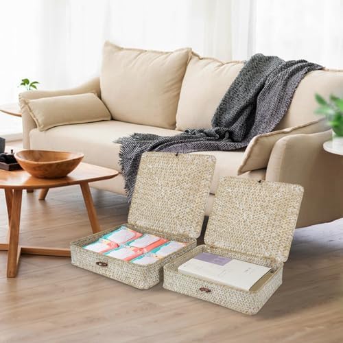 Set of 2 Flat Seagrass Storage Bins with Lid Wicker Storage Baskets for Organizing, Woven Shelf Organizer Bins Home Utility Organizer Box for Home & Office Supplies - Image 6