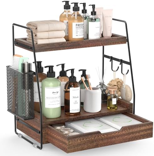 2-Tier Bathroom Counter Organizer with Drawer, Wood Counter Storage Shelf by Unknown