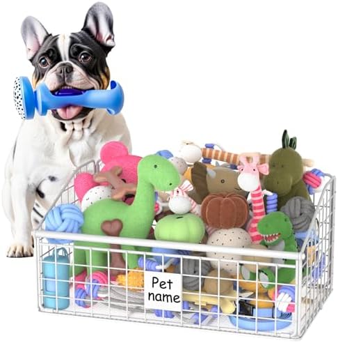 Kaiferty Indestructible Dog Toy basket, Medium Toy Box for Dogs,Pet Toy Bin Dog Metal Basket for Toys, Dog Toy Storage, Dog Storage Organizer,Dog Toy Box for Living Room Area (White) by Kaiferty