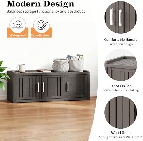 2-Tier Storage Bench, Waterproof UV-Resistant Outdoor Shoe Storage Cabinet with 3 Doors & Adjustable Shelves for Indoor Outdoor Entryway, Hallway, Living Room (Classic Gray) - Image 2