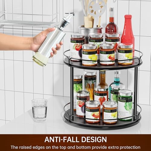 Lazy Susan Organizer 2 Tier - 12.4" Turntable Spice Rack for Table Top, Wooden Rotating Lazy Susan for Cabinet Pantry Kitchen Countertop Dining Table Cupboard Bathroom Vanity Storage(Black) - Image 4