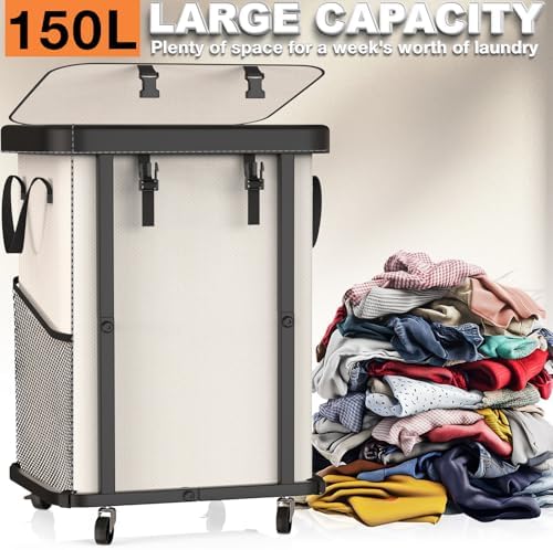 Laundry Basket with Wheels,150L Leather Patchwork Rolling Hamper Carts - Image 3