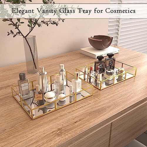 Perfume Tray Vanity Tray with Metal Frame, Gold Tray for Bathroom, Jewelry or Home Decoration 2 Pcs (L+S) - Image 4