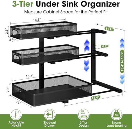 Under Sink Organizer 3 Tier, 4 Pack L-Shaped Pull-Out Cabinet Organizer with Sliding Metal Mesh Drawers, Height Adjustable Under Sink Storage Rack for Kitchen Bathroom Cabinet, Black - Image 2