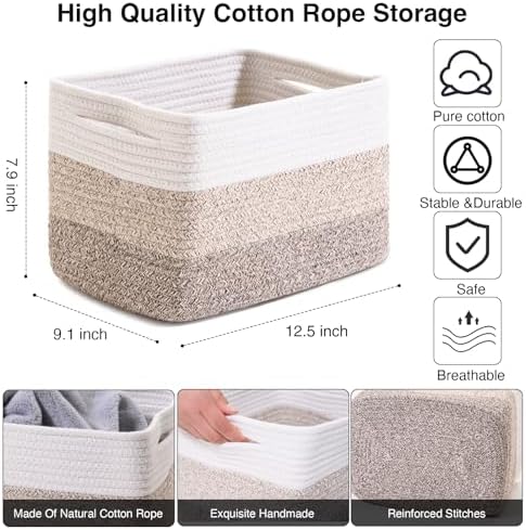 ICERZCZ Shelf Baskets for Organizing, Storage Baskets for Shelves, Woven Baskets for Storage, Cotton Rope Baskets with Handles for Toy, Book, Clothes, 12.5"Lx9.1W"x7.9H", (4 Packs) Gradient Brown - Image 3