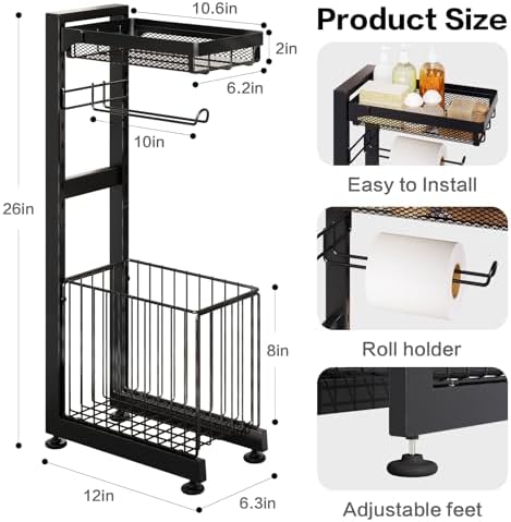 Toilet Paper Holder Stand with Storage Shelf - Multi Tier Metal Toilet Paper Stand with Large Basket for Tissue Rolls, Wipes (Black) - Image 2