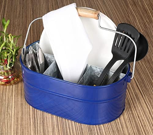 Alpha Living Home 4 -Section Galvanized Utensil Silverware Caddy - Farmhouse Organizer with 4 Compartments and Wooden Handle - Versatile Storage for Kitchen, Outdoor & Party Essentials (Blue) - Image 4