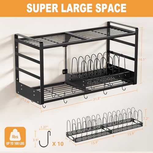 Pot Rack, 31 Inch Wall Mounted 2-Tier Pots & Pans Organizer with 20 Hooks - Image 2