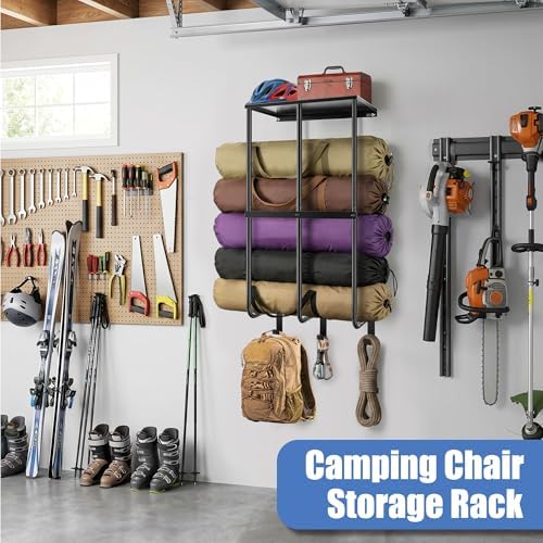Camping Chair Storage for Garage, Metal Camping Chair Rack for Garage Storage, Beach Chair Rack, Umbrella Storage Holder, Wall Holder Rack with Floating Shelf & 3 Hooks for Garage Organizer - Image 6