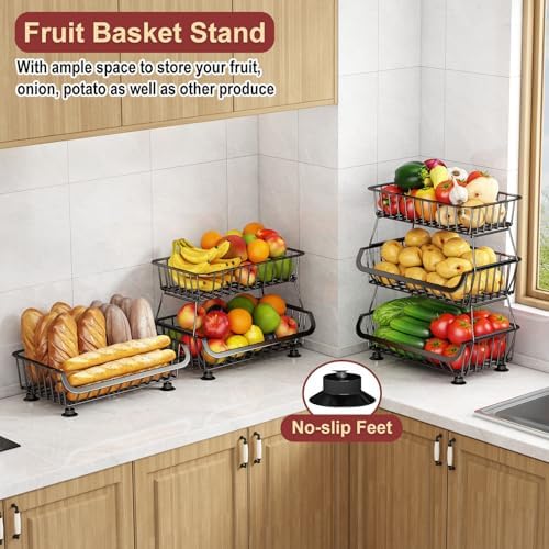 3-Tier Rolling Pantry Cart with Wheels, Stackable Wire Storage Floor Organizer for Kitchen Pantry Snack Shelves, Fruit Basket Stand, Vegetable Storage Rack for Food Snacks Onion Potato, Black, 2 Pack - Image 5