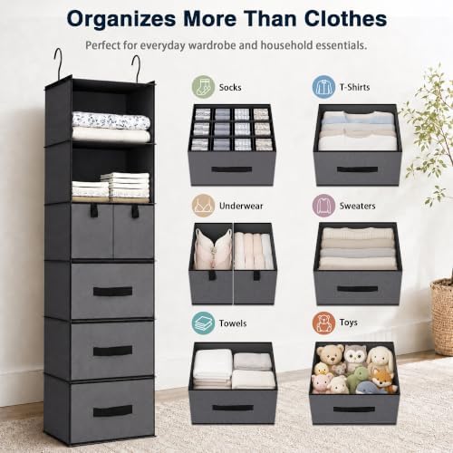 6-Shelf Hanging Closet Organizer with 5 Drawers, Gray - Black Handles - Image 2