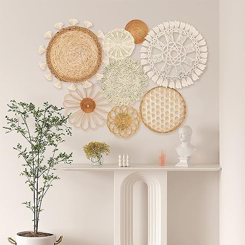 Boho Wall Basket Decor Set of 8 - Flat Woven Basket Wall Hanging Decor,Round Tassels White Macrame Tapestry Wall Decor Art,Handmade Rattan Wicker Seagrass Home Wall Baskets Decor（Boho Classic) - Image 5