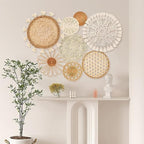 Boho Wall Basket Decor Set of 8 - Flat Woven Basket Wall Hanging Decor,Round Tassels White Macrame Tapestry Wall Decor Art,Handmade Rattan Wicker Seagrass Home Wall Baskets Decor（Boho Classic) - Image 5