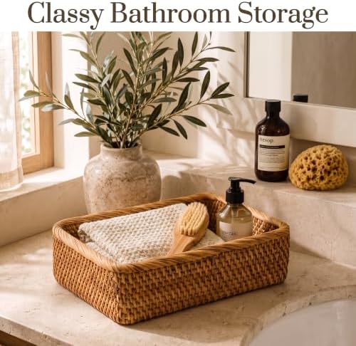 Yangqihome Natural Rattan Storage Baskets, Rectangular Woven Fruit Baskets, Decorative Wicker Basket and Small Baskets for Organizing (Set of 3) - Image 4