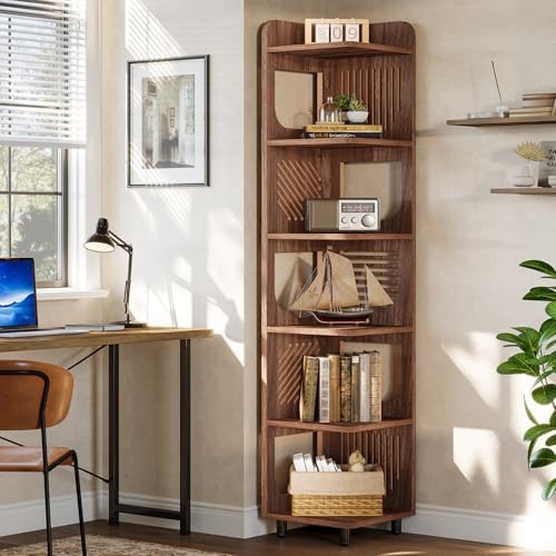 Tribesigns 6-Tier Corner Bookshelf, Tall Narrow Corner Shelf Bookcase with Hollow Design, Farmhouse Skinny Display Shelf for Living Room, Bedroom, Small Space, Brown - Image 4