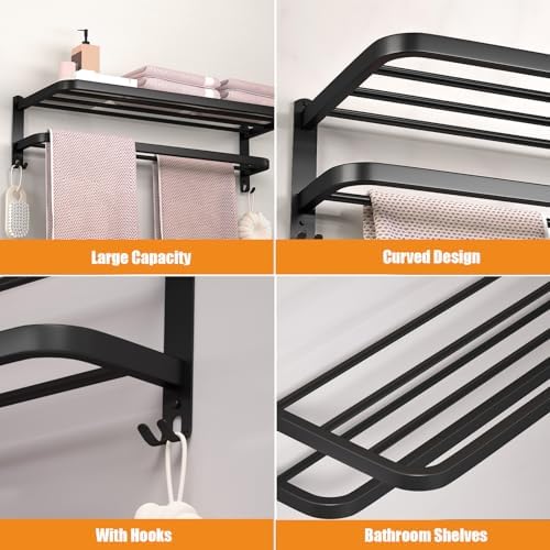 15 Inch Black Towel Racks for Bathroom Towel Shelf with Double Towel Bars Lavatory Wall Mount Holder with Hooks Stainless Steel Hotel Bath Rack (Matte Black) - Image 3