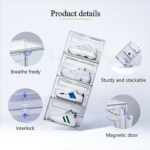 8 Pack XL Shoe Storage Box Organizer,Drop Side Large Shoe Boxes Clear Plastic Stackable Container,Magnetic Sneaker Display Case, Fit up to US 13（13.4”x 10.6”x 8.3”(8 Pack Black) - Image 5