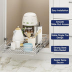 Pull Out Cabinet Organizer, 14.5" W x 21.5" D, Heavy Duty Chrome Slide Out Shelf for Base Cabinets, Sliding Wire Basket Drawer for Pantry Items, Bowls, Containers & Cleaning Supplies - Image 4
