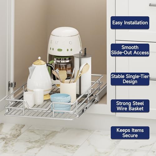 Pull Out Cabinet Organizer, 12.5" W x 21.5" D, Heavy Duty Chrome Slide Out Shelf for Narrow Base Cabinets, Sliding Wire Basket Drawer for Spices, Bottles, Snacks & Cleaning Supplies - Image 4
