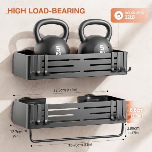 Lekesky Suction Cup Shower Caddy, No Drill Shower Shelves with a Towel Bar, Aluminum Rust Proof Bathroom Shower Organizer with 12 Hooks (2-Pack, Gunmetal Gray) - Image 6