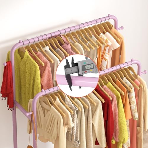 Laiensia Double Rods Garment Rack with Wheels, Clothing Rack for Hanging Clothes,4 Hooks, Multi-Functional Bedroom Clothes Rack, Pink - Image 6