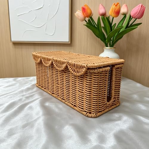 Wicker Rattan Storage Basket with Lid, Rectangular Cable Management Box, Natural Woven Organizer - Image 5