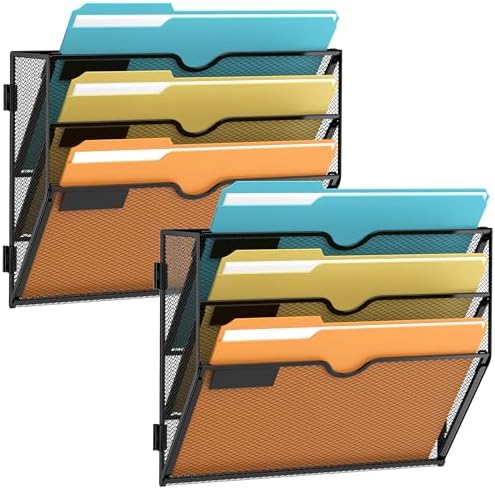 SUPEASY 3 Tier Wall File Organizer, Hanging Wall Mounted Mail Organizer with Label Slots, Metal Mesh File Holder Magazine Rack for Office, Home, School or Classroom, Black, 2Pack by SUPEASY
