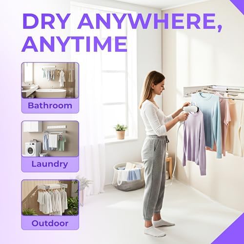 Wall Mounted Clothes Drying Rack - 31.5" Foldable Clothes Drying Rack Wall Mount, 5 Steel Rods With Knobs, Retractable Space-Saving Laundry Rack, Heavy Duty 60 lbs Capacity (Wall Template Included) - Image 3