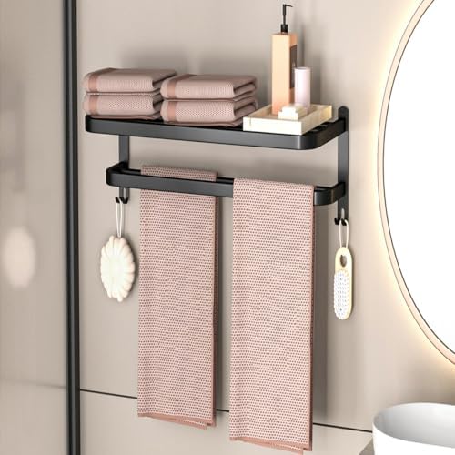15 Inch Black Towel Racks for Bathroom Towel Shelf with Double Towel Bars Lavatory Wall Mount Holder with Hooks Stainless Steel Hotel Bath Rack (Matte Black) - Image 4
