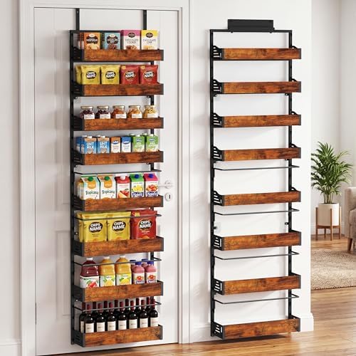 Over The Door Pantry Organizer, 8 Tier Spice Rack with Adjustable Wooden Basket, 2 IN 1 Wall Mount or Hanging Seasoning Organizer, Heavy-Duty Pantry Door Storage Shelf for Kitchen, Laundry Room by Unknown