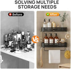 Black Adhesive Square Shower Caddy with Towel Bar, Soap Holder and Hooks - Image 5