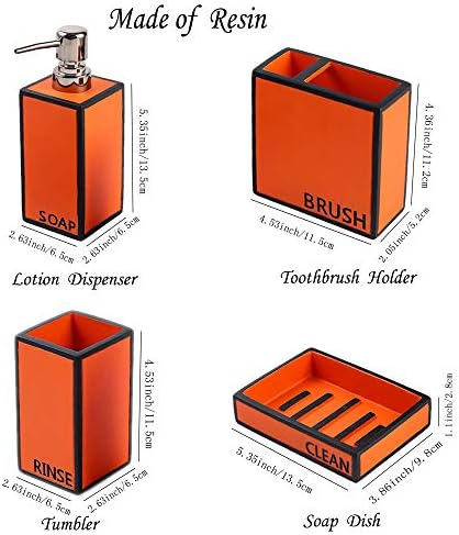 Hymmah Bathroom Accessories Set,Toothbrush Holder,Farmhouse Bathroom Decor,4 Pcs Resin Gift Set Apartment Necessities, Contain Toothbrush Cup,Soap Dispenser,Soap Dish,Tumbler Orange - Image 3