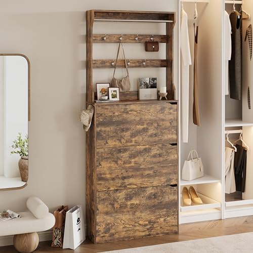 Wodeer Tall Shoe Cabinet with Coat Rack, Hidden Shoe Storage Cabinet with Doors & Drawer, Hanging Bar & Hooks, Slim Narrow Freestanding Shoe Rack Organizer for Entryway, Hallway & Living Room, Brown - Image 4