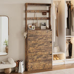 Wodeer Tall Shoe Cabinet with Coat Rack, Hidden Shoe Storage Cabinet with Doors & Drawer, Hanging Bar & Hooks, Slim Narrow Freestanding Shoe Rack Organizer for Entryway, Hallway & Living Room, Brown - Image 4