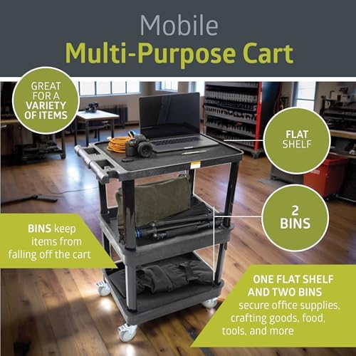 Pearington 3-Shelf Multipurpose Mobile Utility Cart with 2 Bins and Lockable Wheels, Heavy-Duty Plastic Rolling Presentation Cart for Offices and Warehouses, Black - Image 3