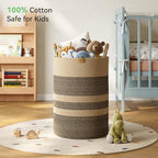Nunsino 95L Striped Laundry Hamper with Leather Handles,Large Foldable Laundry Basket for Clothes,Cotton Rope Storage Bin for Blankets,Woven Clothes Basket for Bedroom,Dark Brown Stripes - Image 3