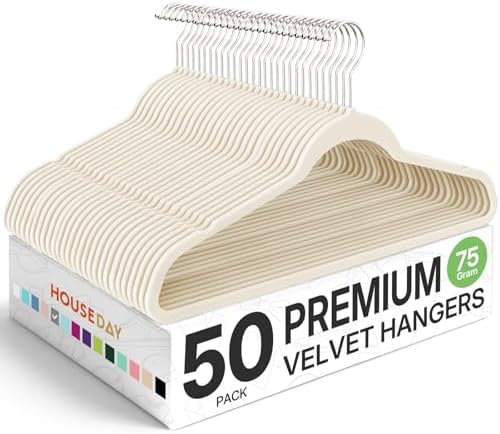 HOUSE DAY Premium Velvet Hangers 50 Pack Ivory, Non-Slip Flocked Felt Hangers, Sturdy Clothes Hanger with 360° Rotatable Hook, Heavy Duty Durable Slim Coat Hanger for Closet Space Saving by HOUSEDAY