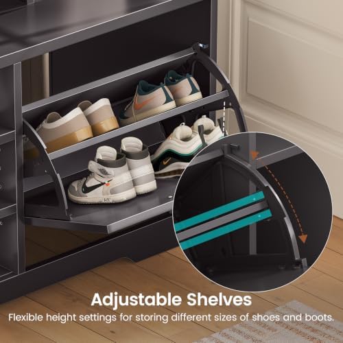 Itaar Hall Tree with Bench and Shoe Storage, 59.1" Farmhouse Entryway Bench with Coat Rack, Shoe Cabinet with Flip Drawers, 12 Shelves, 9 Coat Hooks, Storage Bag, Led Lights, Black - Image 6