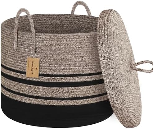 Extra Large Woven Basket with Lid, 18" X 14" Wicker Blanket Storage Basket Living Room, Tall Rope Storage Baskets for Toys, Decorative Kids Toy Bin Box with Cover, Baby Laundry Basket Hamper by HONCESTA