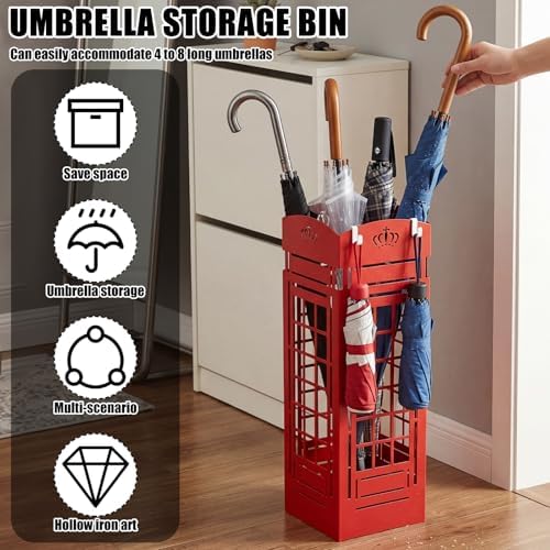 Square Metal Umbrella Holder, Square Free Standing Umbrella Rack Decorative Umbrella Holder Hollow Cutout Pattern Design for Umbrella Cane Entryway Home Office 19.49" X 6.1" X 6.1"(Red hollowed out) - Image 3