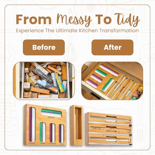 9 in 1 Storage Bag Organizer for Kitchen Drawer, Bamboo Foil and Plastic Wrap Dispenser with Cutter, Food Storage Bag Organizer for Quart, Gallon, Sandwich & Snack Bags, Aluminum Foil Organizer - Image 3