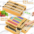 Storage Bag Organizer for Kitchen Drawer, 9 in 1 Foil and Plastic Wrap Dispenser with Cutter, Bamboo Plastic Baggie Organizer for Gallon, Quart, Sandwich, Snack & 12"" Rolls, Orange - Image 5