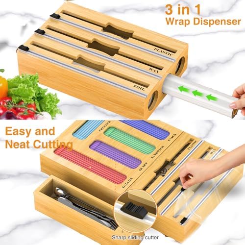 Storage Bag Organizer for Kitchen Drawer, 9 in 1 Foil and Plastic Wrap Dispenser with Cutter, Bamboo Plastic Baggie Organizer for Gallon, Quart, Sandwich, Snack & 12"" Rolls, Orange - Image 5